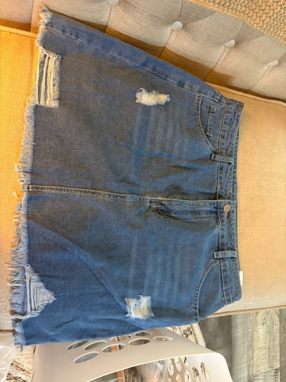 SHEIN Blue Distressed Frayed-Hem Denim Mini Skirt